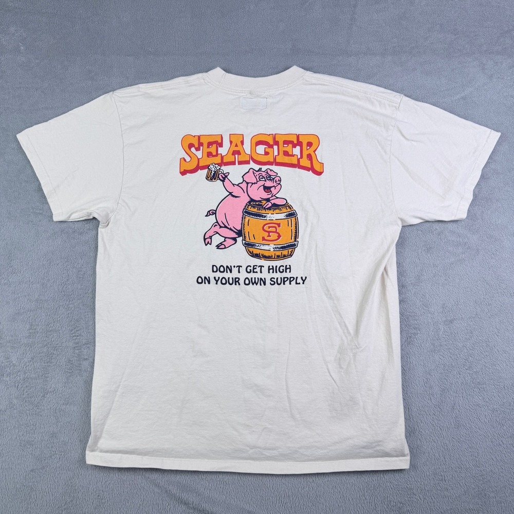 Seager Mens Graphic T-Shirt XL Cream Dont Get High On Your Own Supply Beer Pig